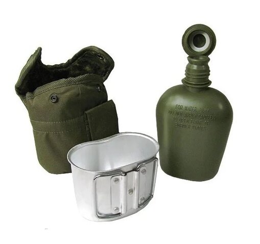 Set militar camping – sticlă de buzunar cu husă și cană, olive