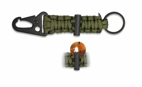 Clip outdoor tip carabină cu paracord și amnar – culoare olive