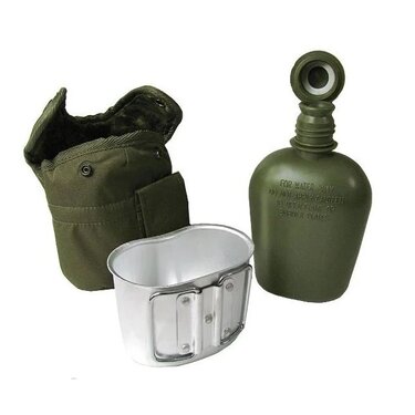 Set militar camping – sticlă de buzunar cu husă și cană, olive