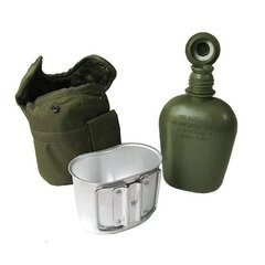 Set militar camping – sticlă de buzunar cu husă și cană, olive